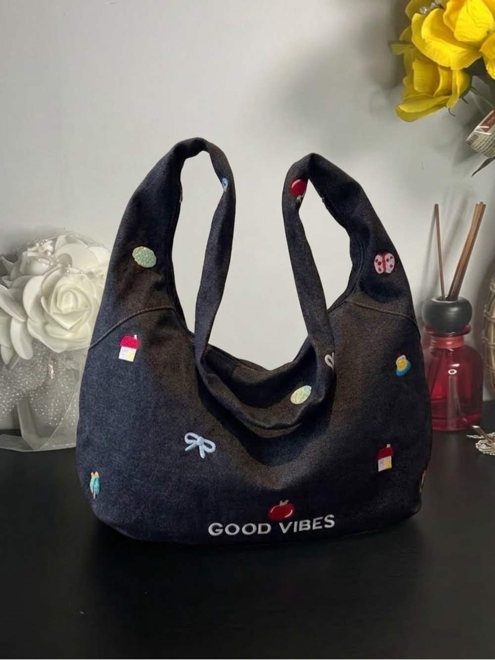 Good Vibes Embroidered Hobo Bag - Dark Gray